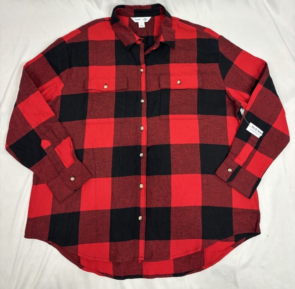 NWT Old Navy Plaid The Boyfriend Shirt Red Black Flannel Long Sleeves Women’s L